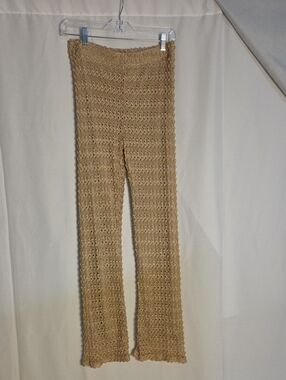 Gold Shimmer Textured Knit Flare Pants in Natural Tan NWT